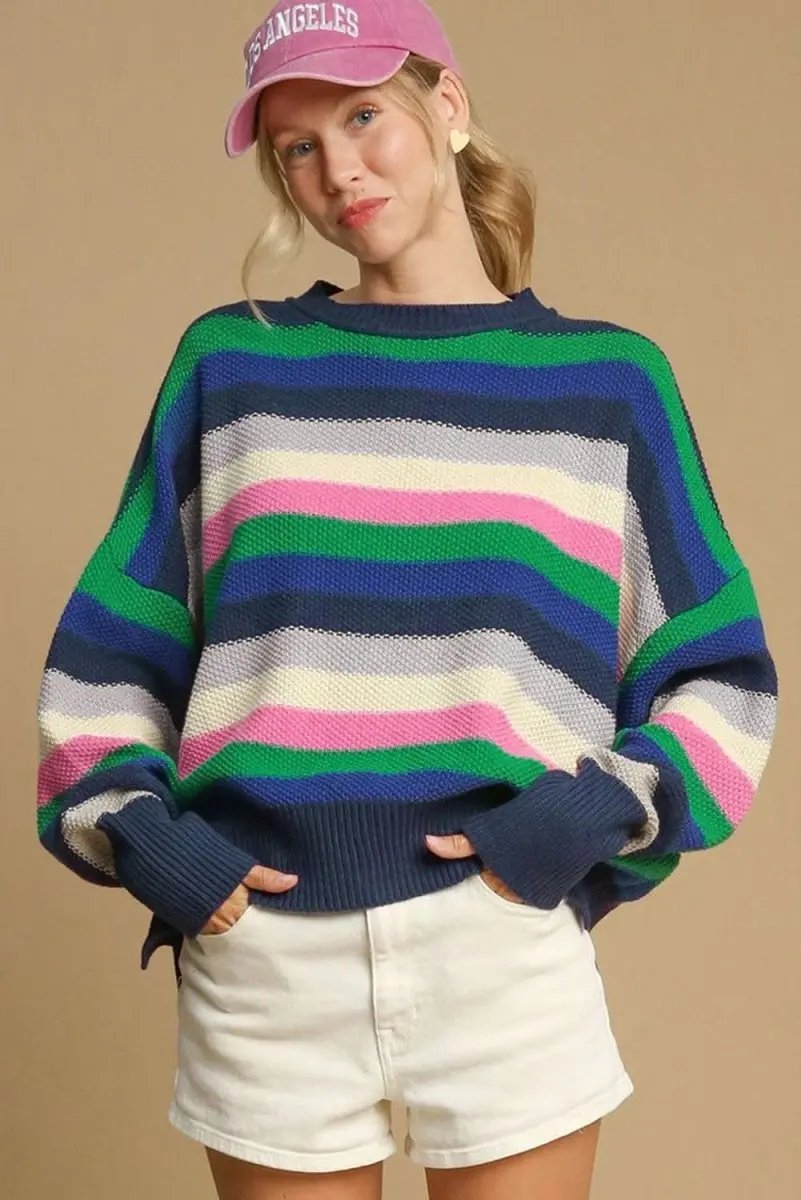 Vibrant Green Striped Drop Shoulder Crew Neck Sweater - Love Salve